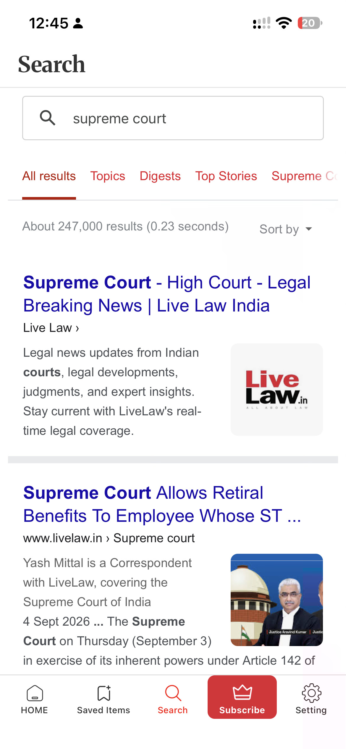 Search court reporting in the LiveLaw app